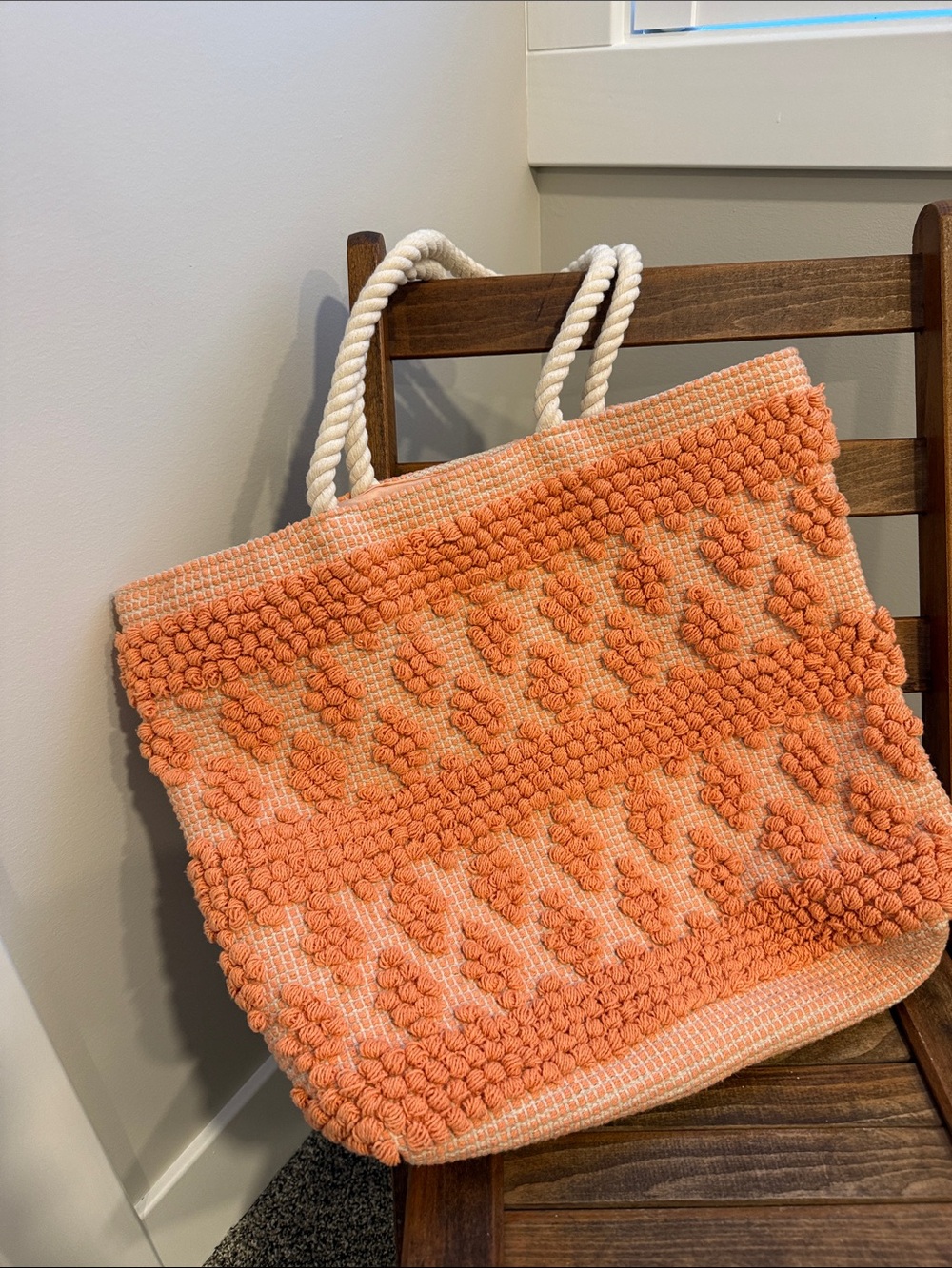 Falls Creek Coral Chenille Beach Tote Rope Handle Oversized Coastal Bag